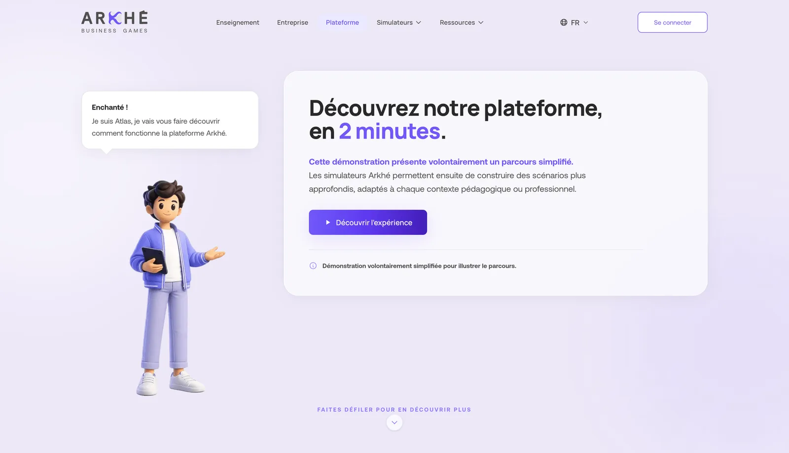 Page de découverte de la plateforme Arkhé proposant une démonstration guidée en deux minutes