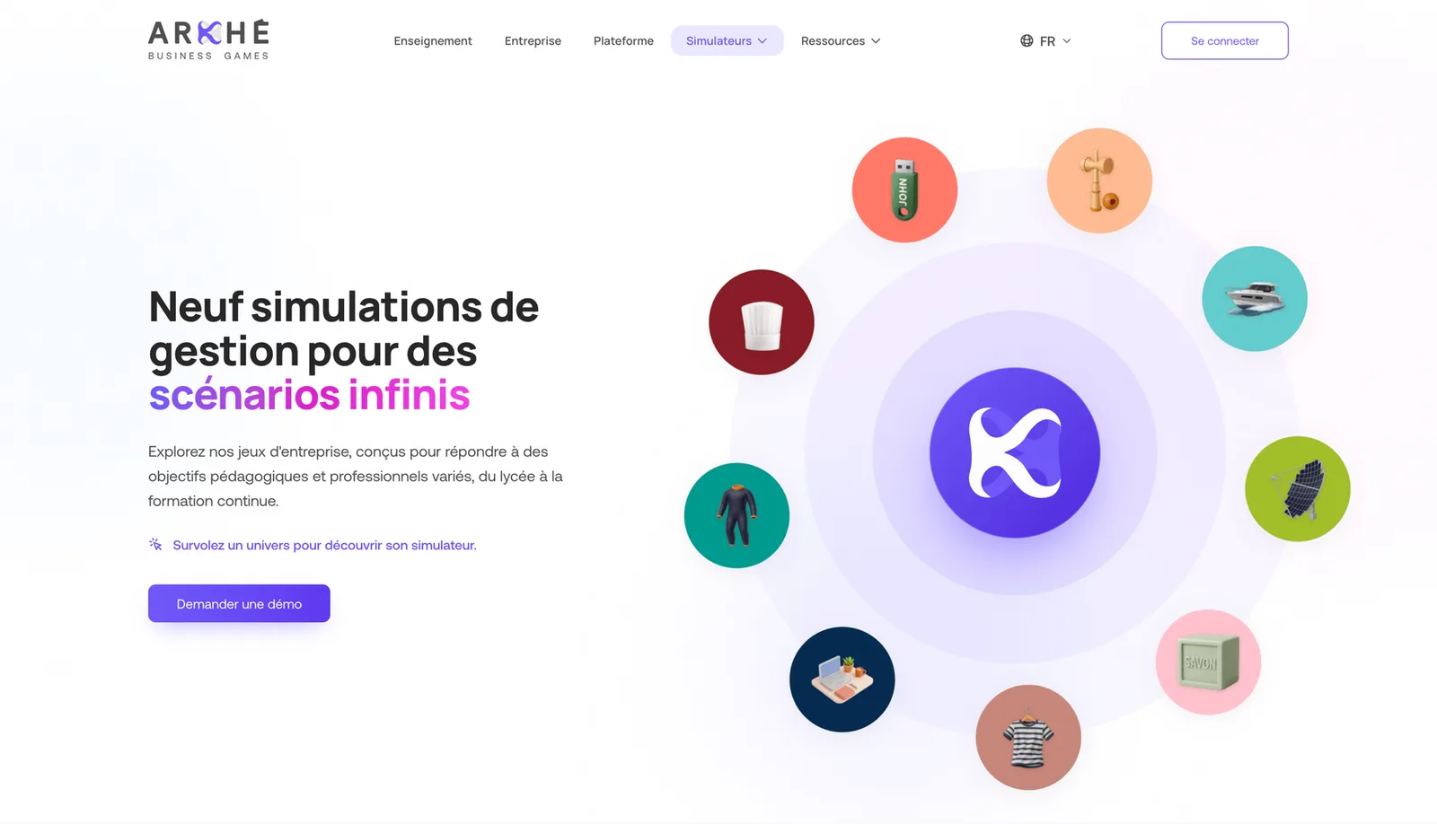Page des simulations de gestion Arkhé présentant les neuf jeux d’entreprise disponibles