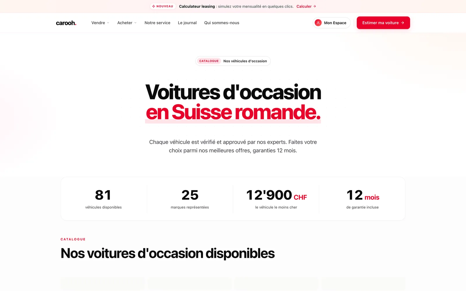 Catalogue des voitures d’occasion de Carooh en Suisse romande, affichant 81 véhicules disponibles, 25 marques représentées et 12 mois de garantie incluse