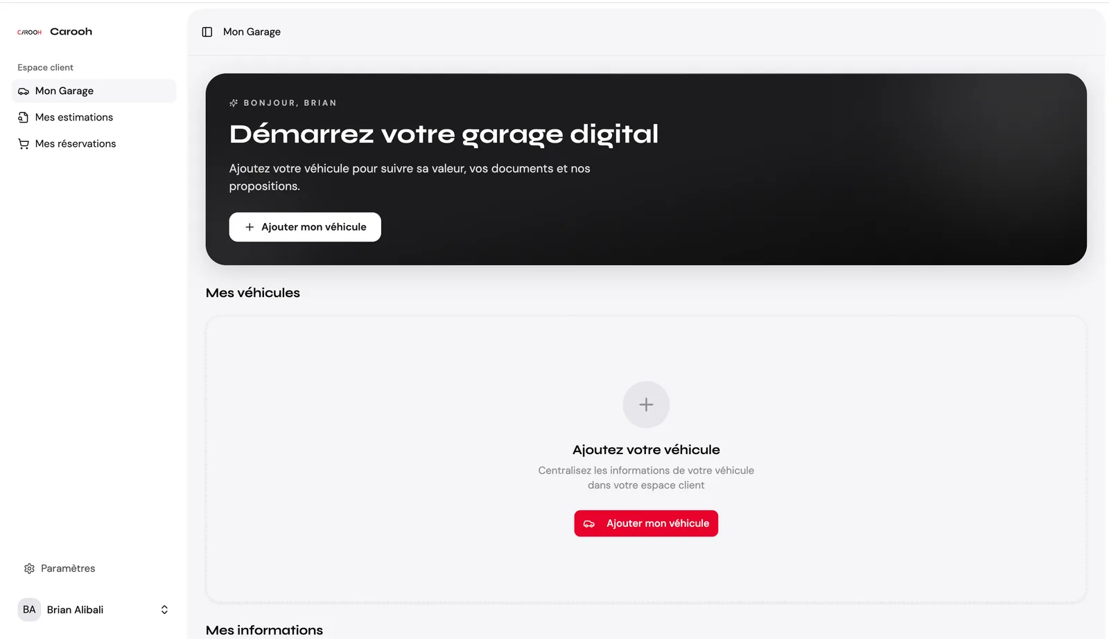 Espace client privé Mon Garage sur Carooh