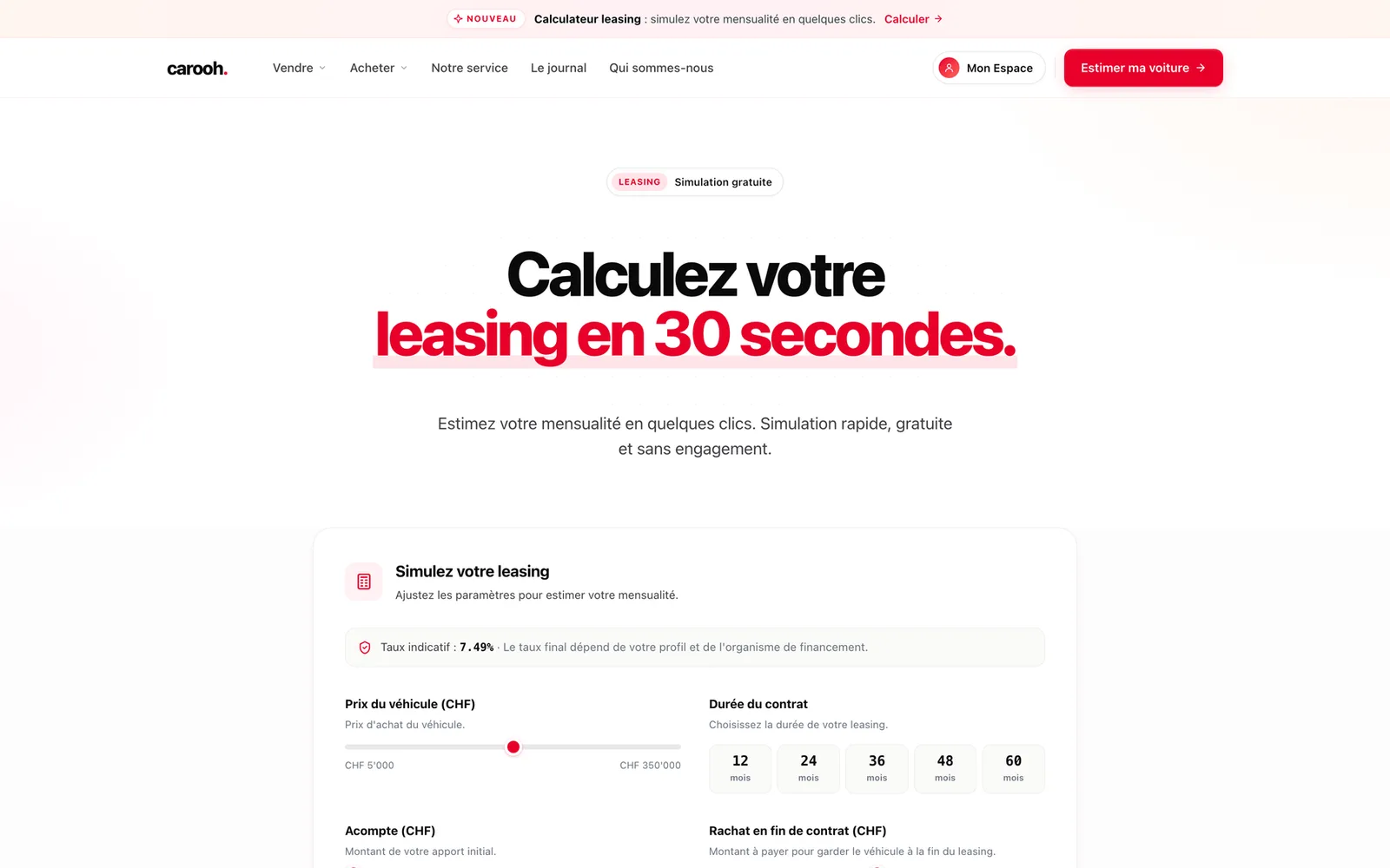 Calculateur de leasing de Carooh, titre « Calculez votre leasing en 30 secondes », avec curseur de prix du véhicule et sélection de durée de 12 à 60 mois
