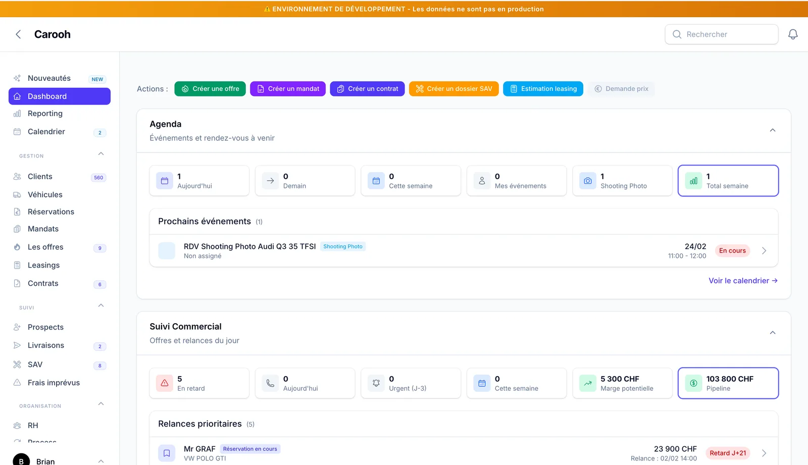 Vue de suivi commercial et des relances prioritaires dans le CRM