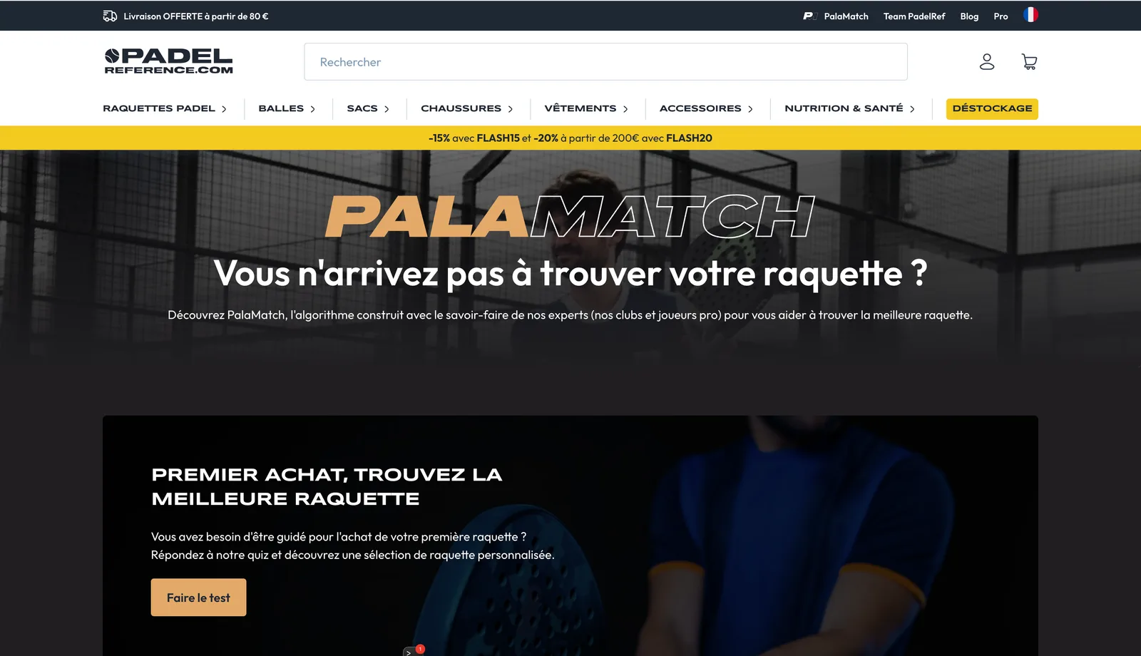 Interface PalaMatch de recommandation de raquette de padel