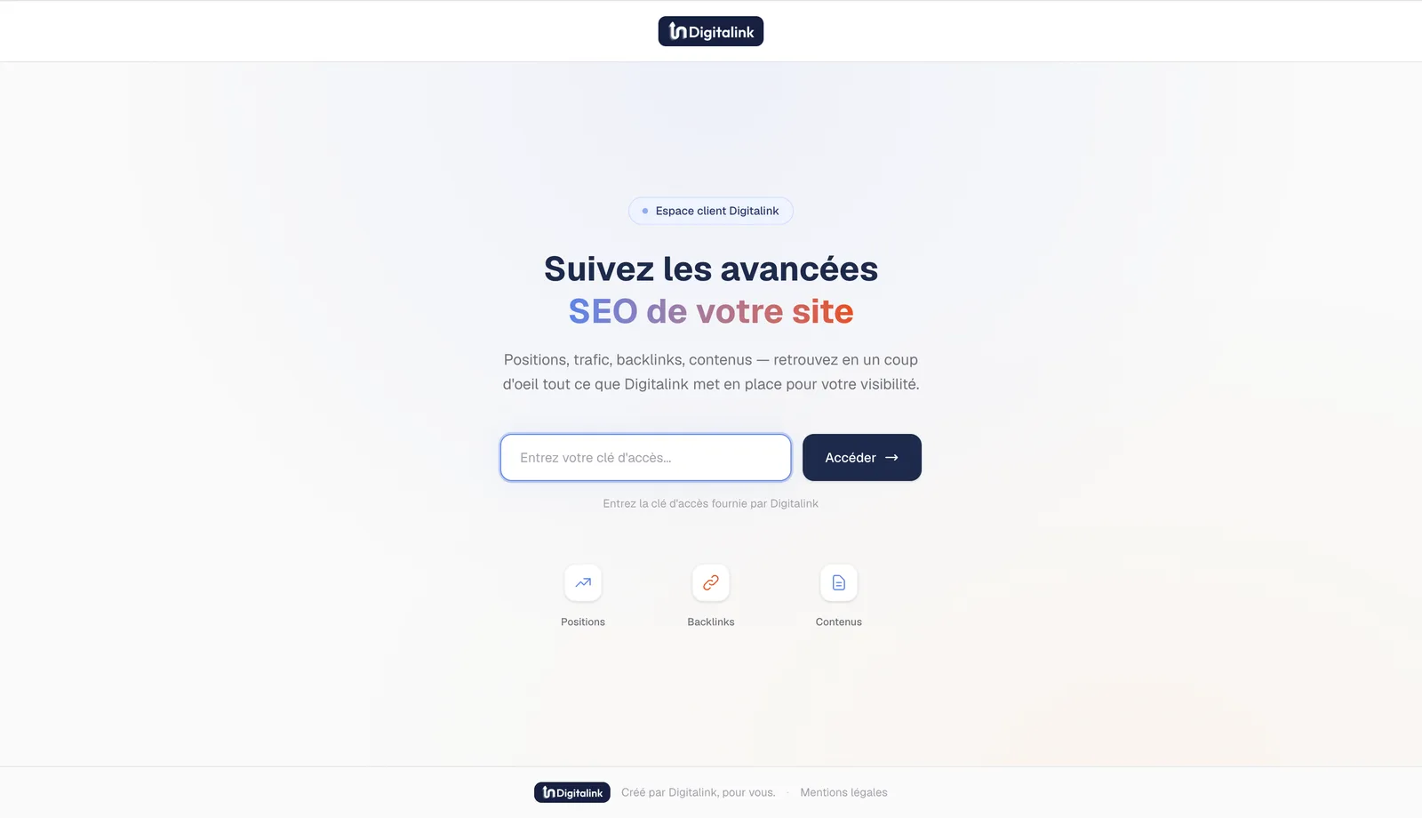 Page d’accès de l’espace client Digitalink pour le suivi SEO
