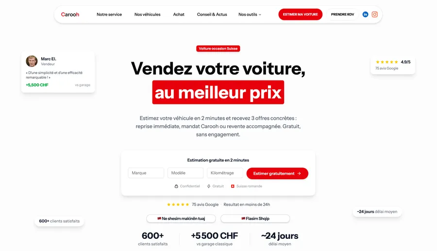 Carooh.ch — site vitrine mandataire automobile avec tunnel d'acquisition