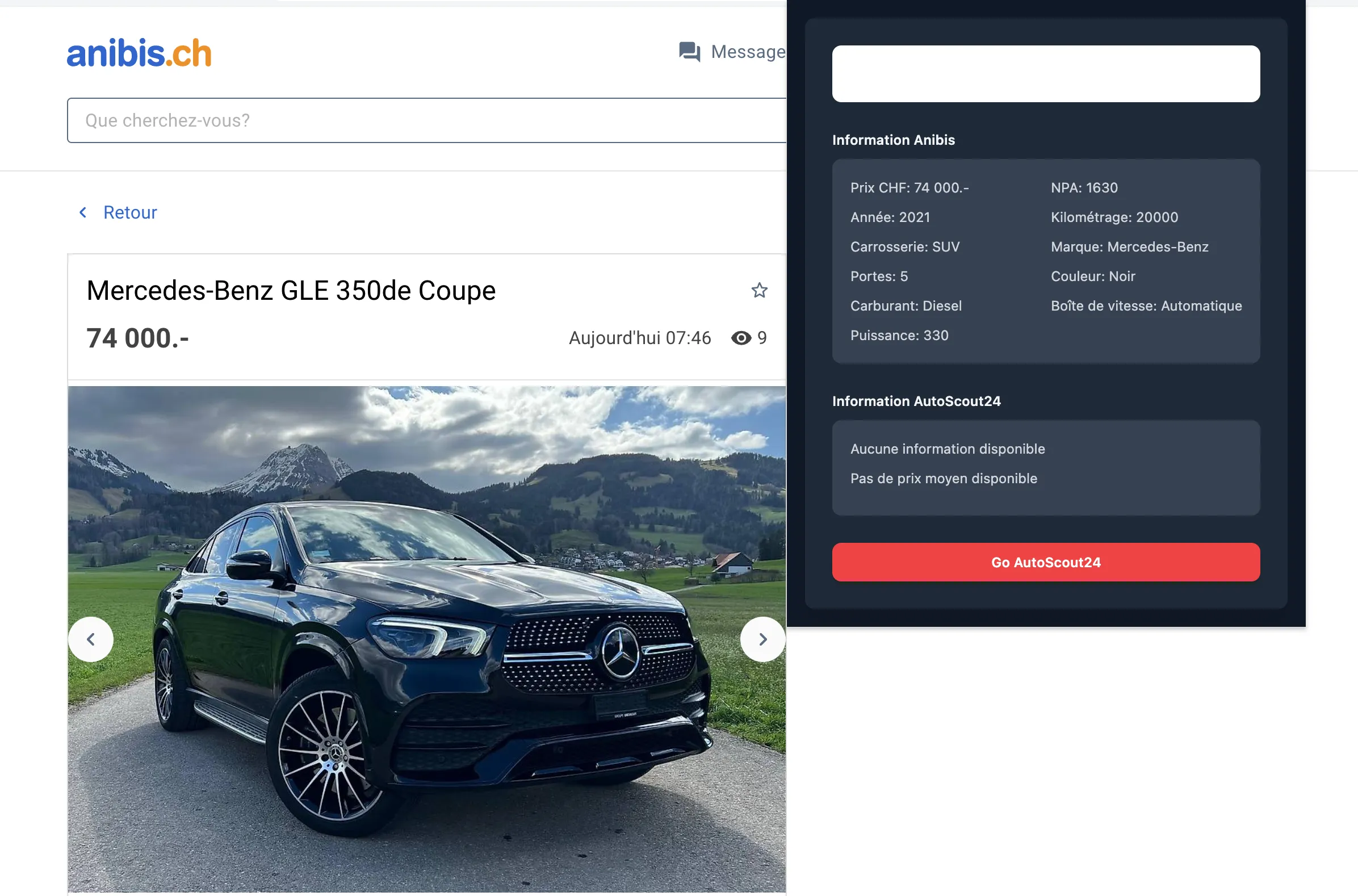 Extension Chrome d'automatisation prospection automobile - Interface d'analyse de véhicule avec récapitulatif