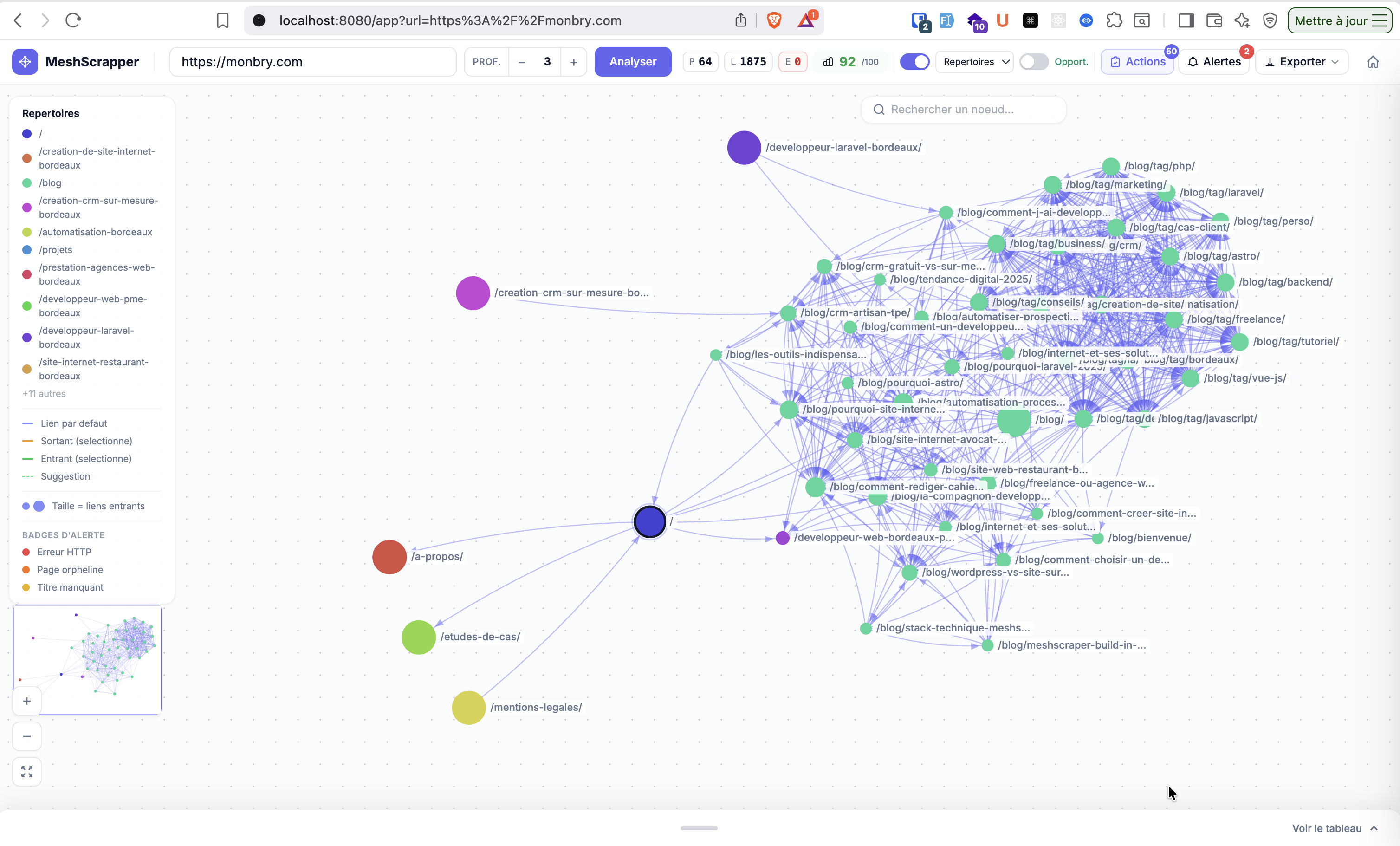 Capture d'écran de MeshScraper — graphe interactif du maillage interne de monbry.com